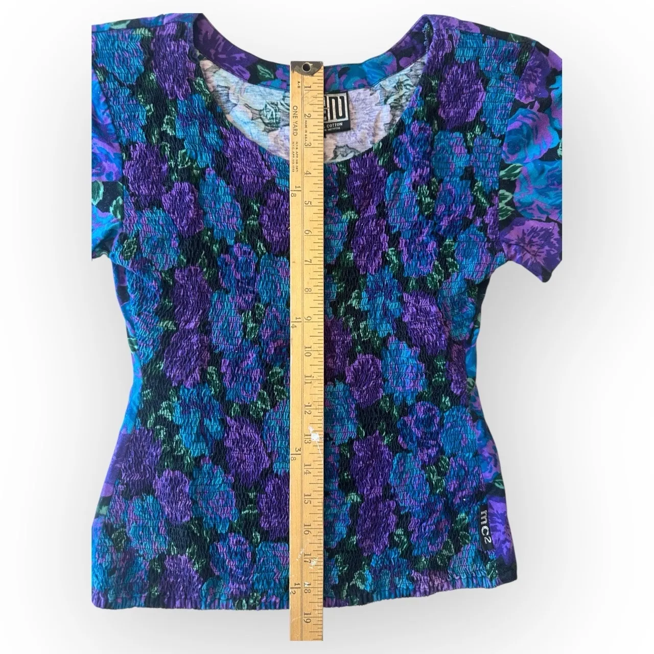 Vintage 90's Floral Shirred Smocked Scoop Neck Short Sleeve Shirt Purple Size L - Image 8