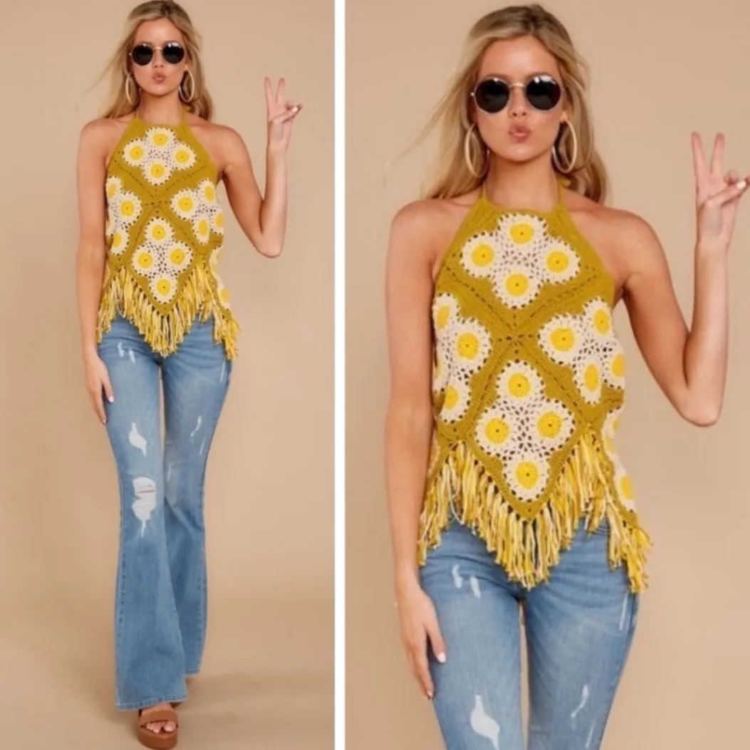 Judith March Crochet Daisy Halter Top Fringe Boho Festival Olive Yellow L - Image 2