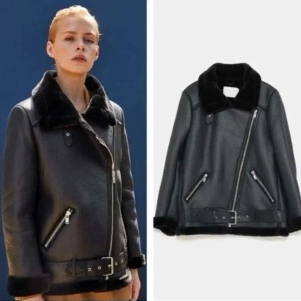 Zara Double-Faced Jacket Oversized Black Faux Suede Blogger Fave Moto Bomber L - Image 3