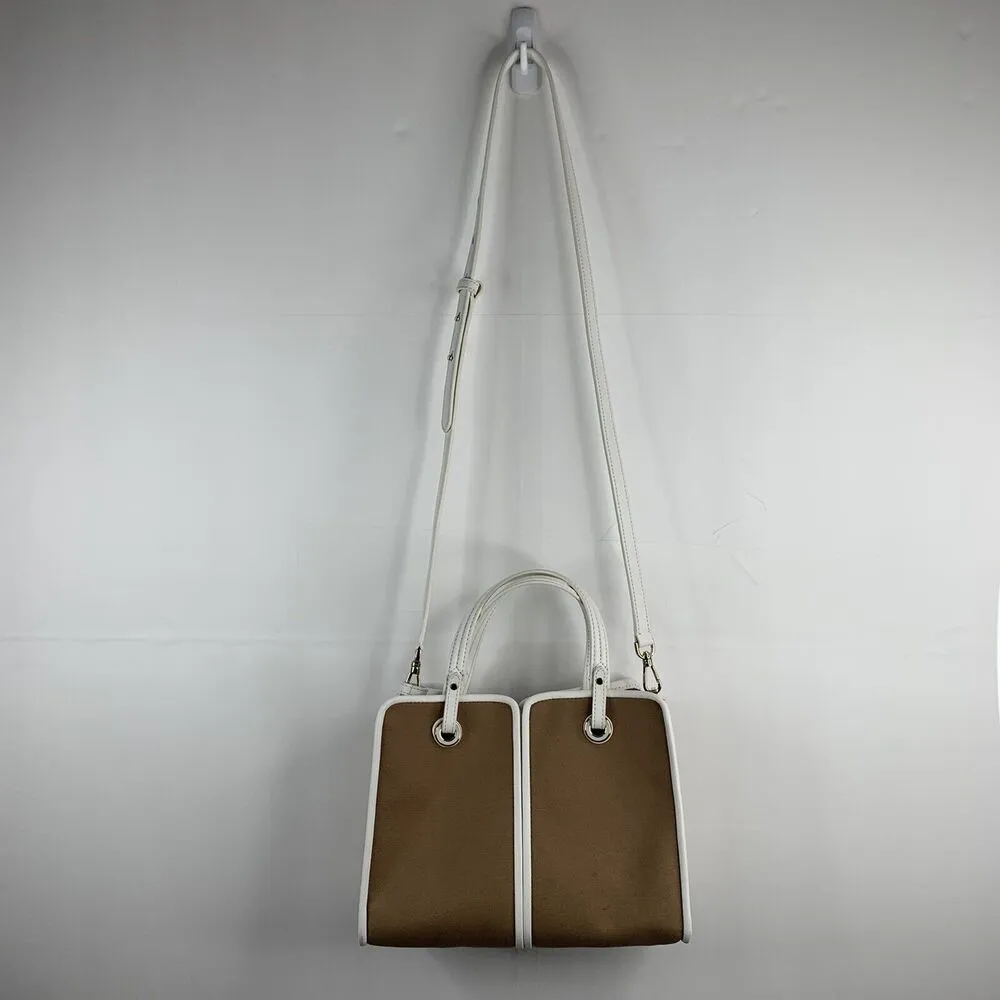 Kate Spade Sam Canvas Satchel Blazer Brown White Leather Trim Shoulder Bag Purse - Image 4