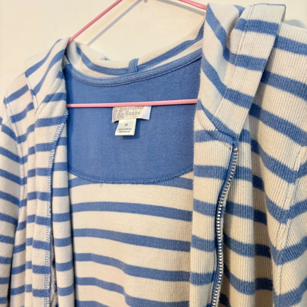 Christopher & Banks Quarter Sleeve Full Zip Hooded Cardigan Cream Blue Womens M - Image 3