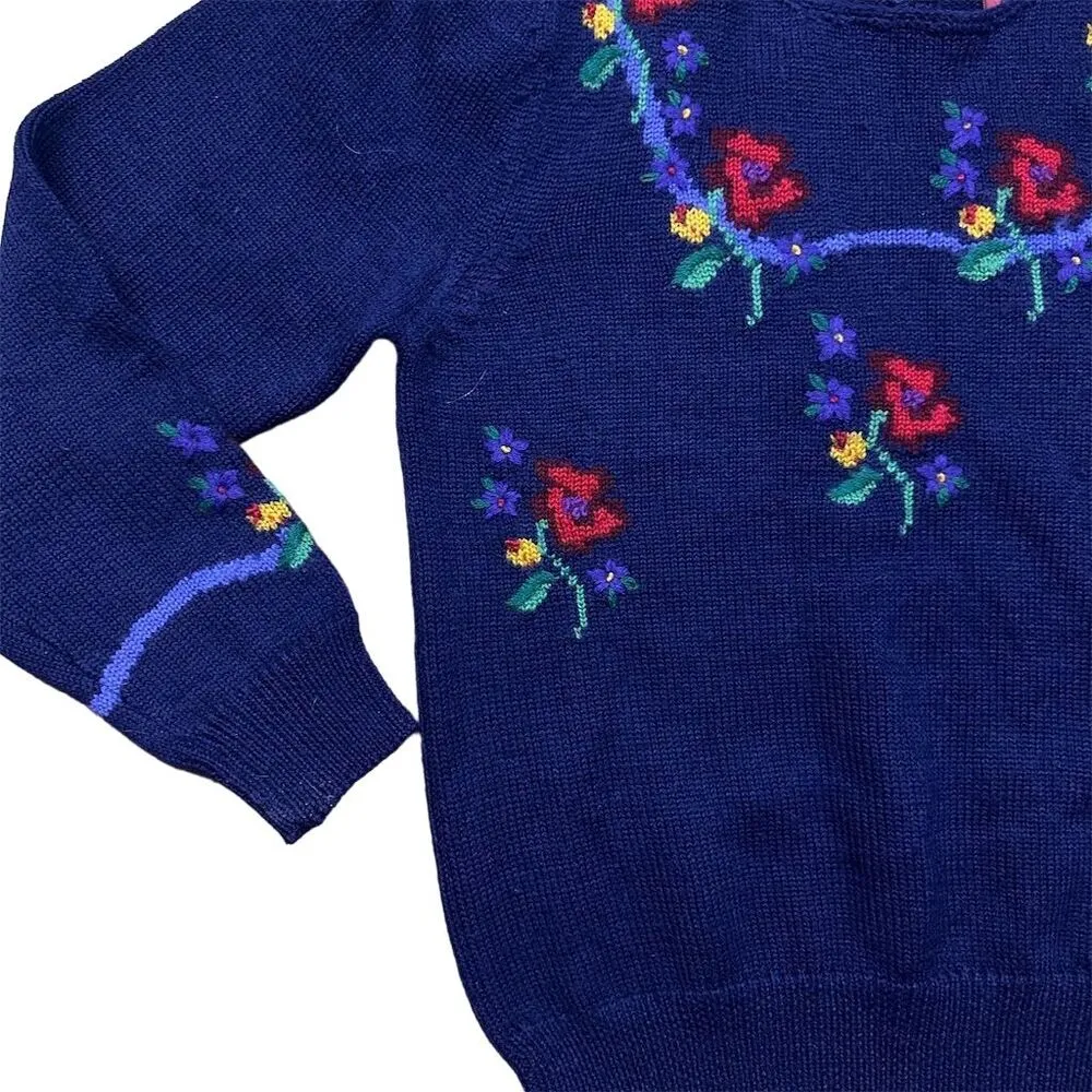 Vintage Susan Bristol Hand Embroidered Wool Sweater Purple Floral Size 34 Small - Image 2
