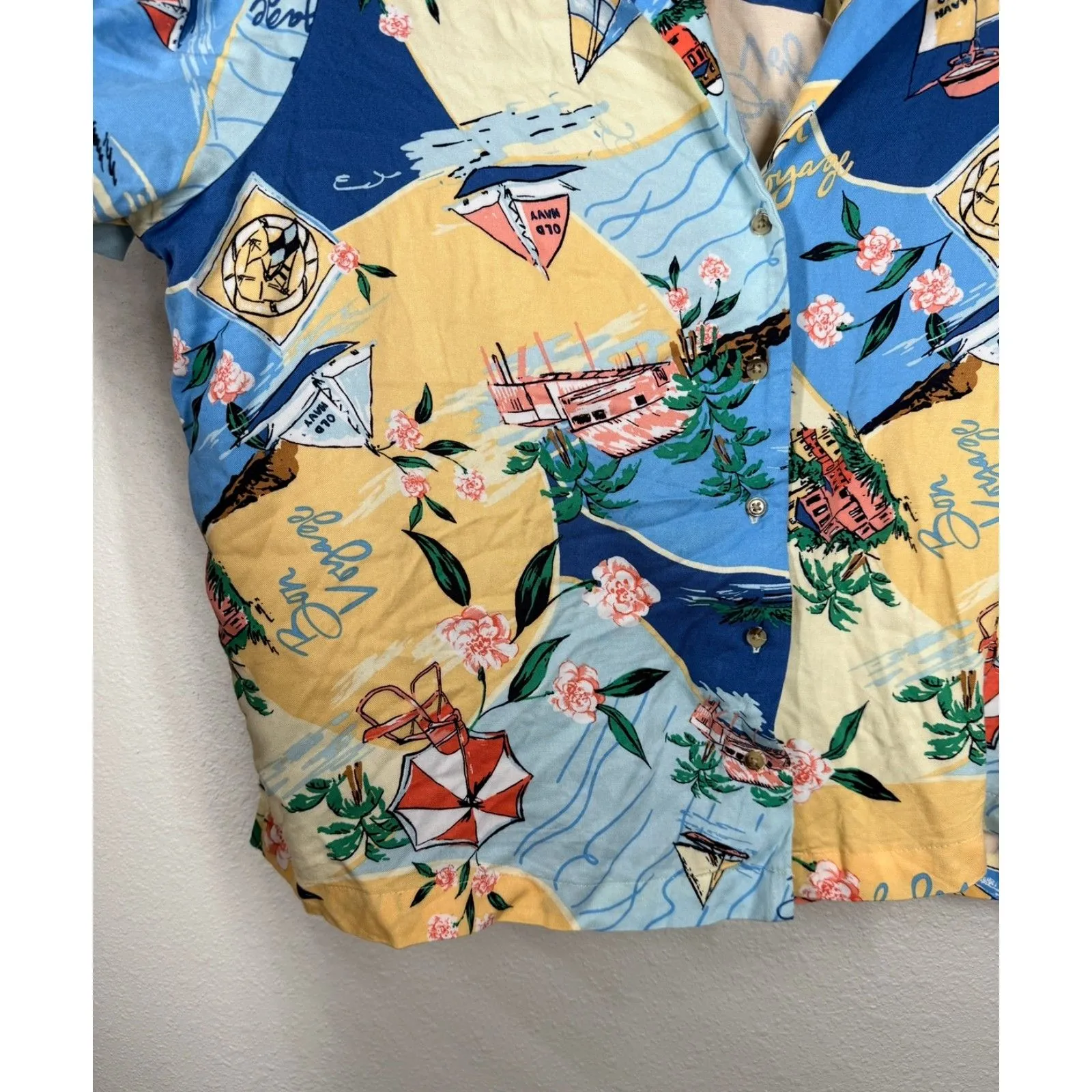 Old Navy Womens Playa Beach Scene Button Up Shirt Sz L Vacation Cruise Coastal - Image 3