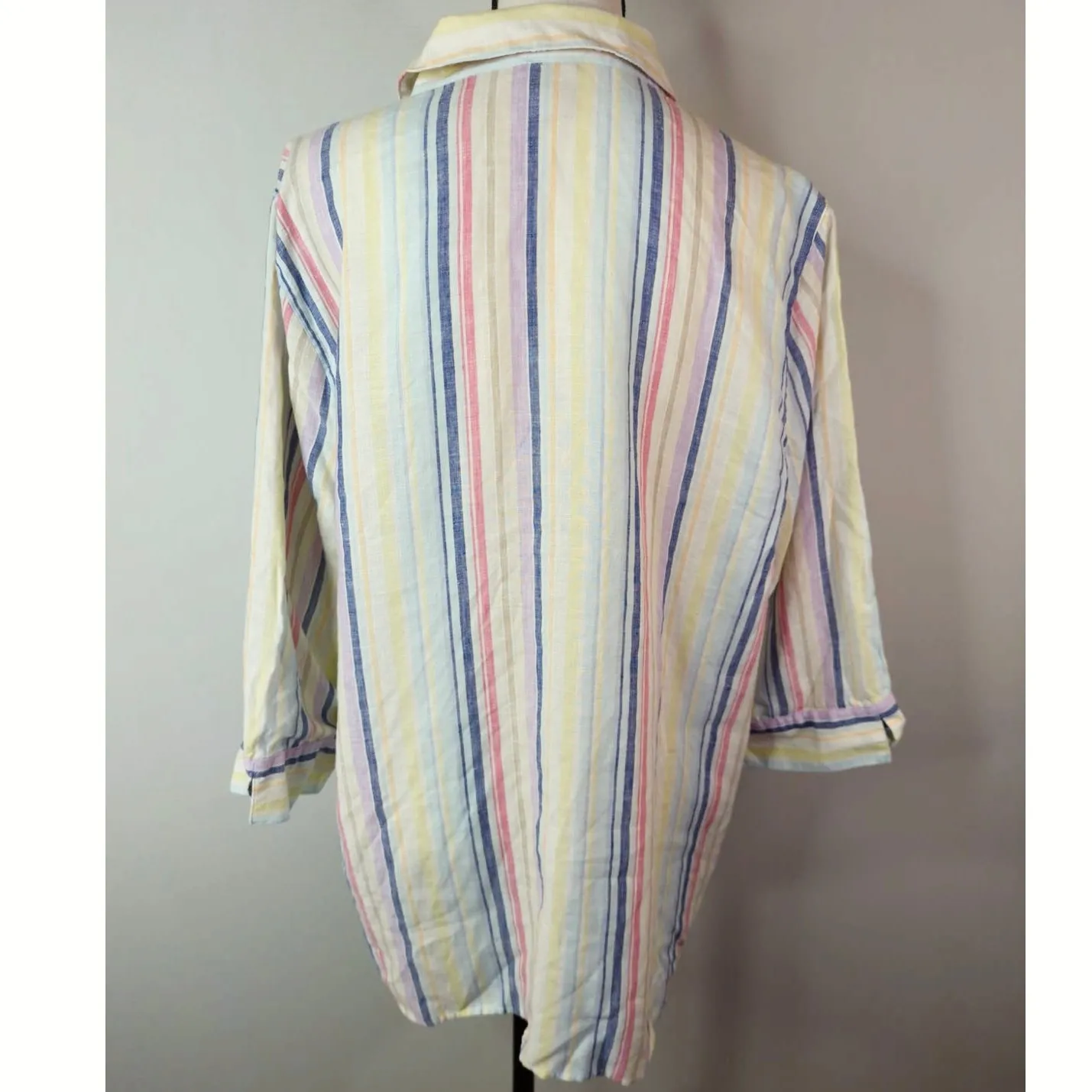 Chico's Multi No Iron Stripes Print Linen Career Button Top Women's 3 or Large - Image 6