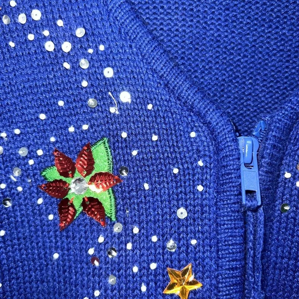 Kim Rogers Womens Embellished Ugly Christmas Cardigan Sweater SZ L Full Zip - Image 2
