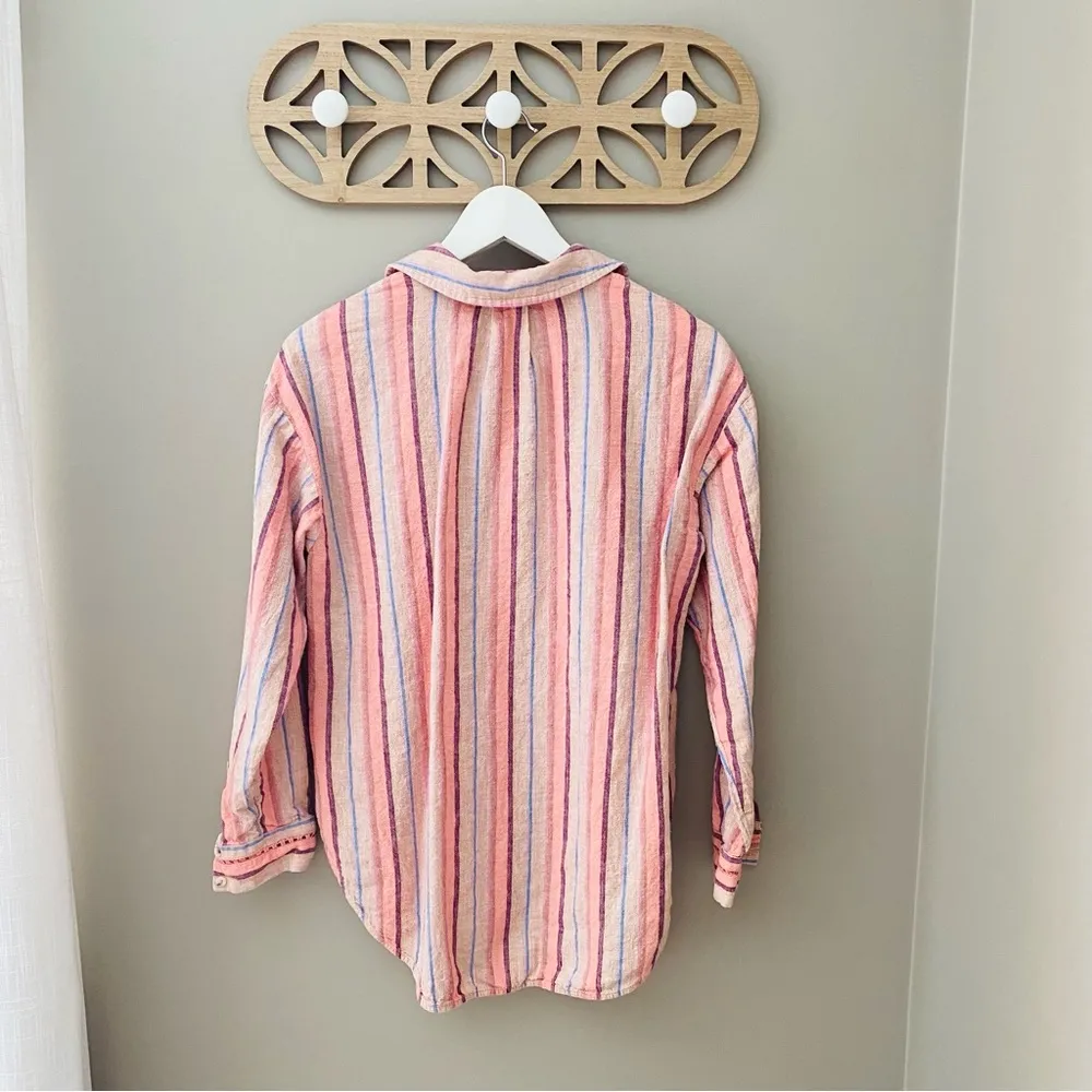 Maeve by Anthro. Lida Button Down Stripe Linen Top Pink Sz Small - Image 9