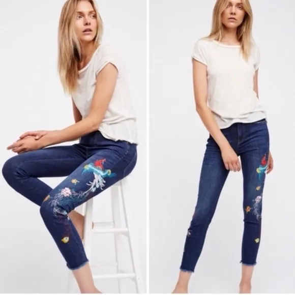 Free People Peacock Embroidered Skinny Jeans 25 - Image 2
