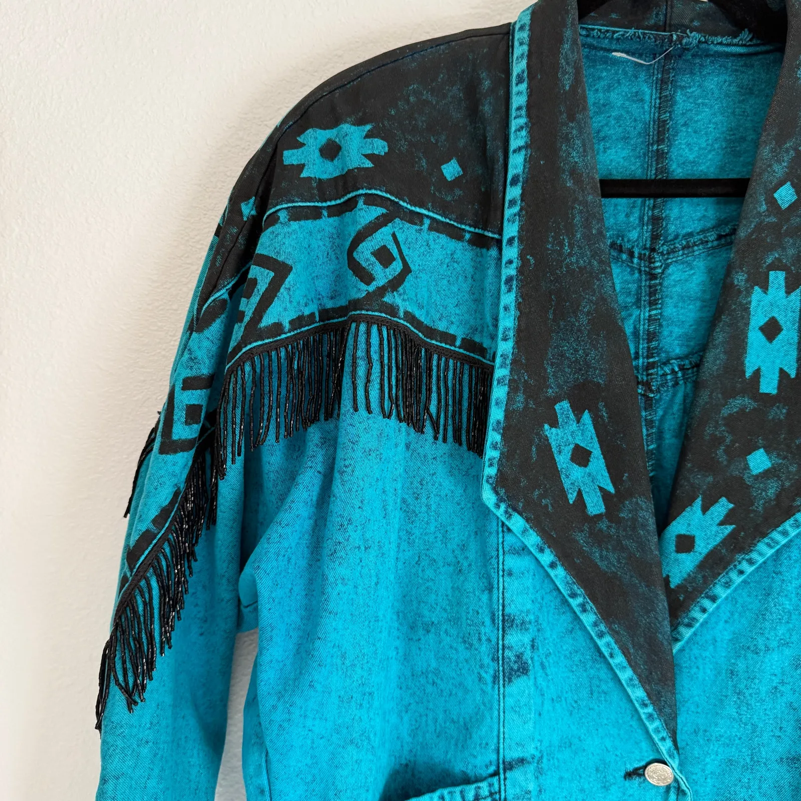 VTG Hand Painted Made in USA Southwestern Jacket Turquoise Black Fringe Beaded M Blue Size M - Image 3