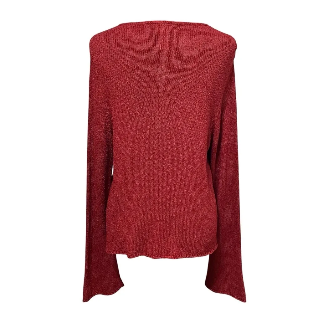 J Jill Red Silk Linen Fringe Cardigan Artsy Boho Sweater Lagenlook Medium - Image 4