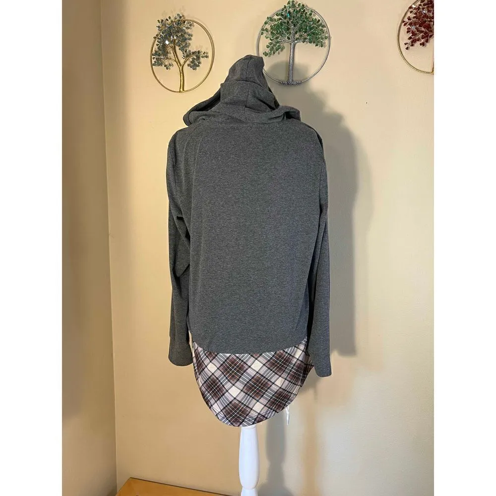 Altelime Gray Brown Plaid Lightweight Hooded Pullover Medium Gray - Image 3