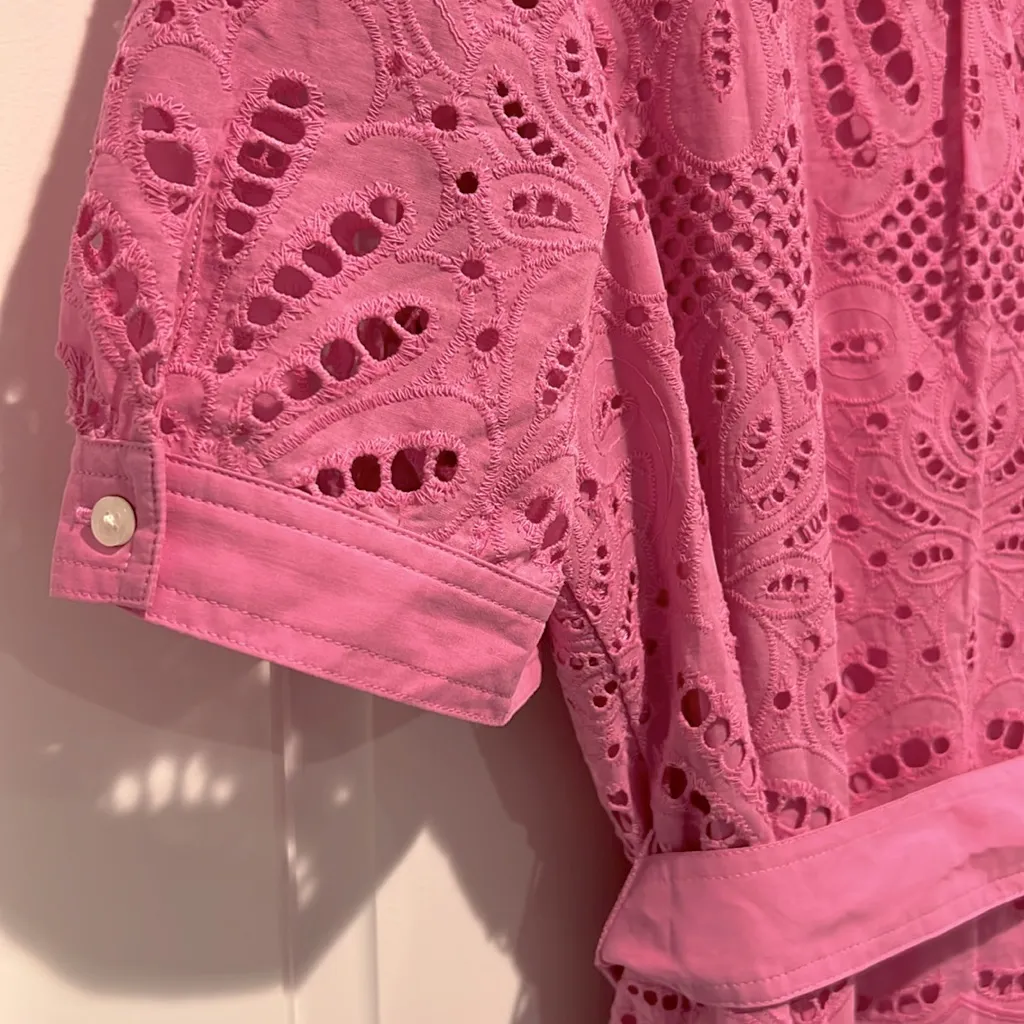 Talbots Eyelet Puff Sleeve Poplin Shirtdress Size 16 Pink Rouge Summer Casual - Image 5