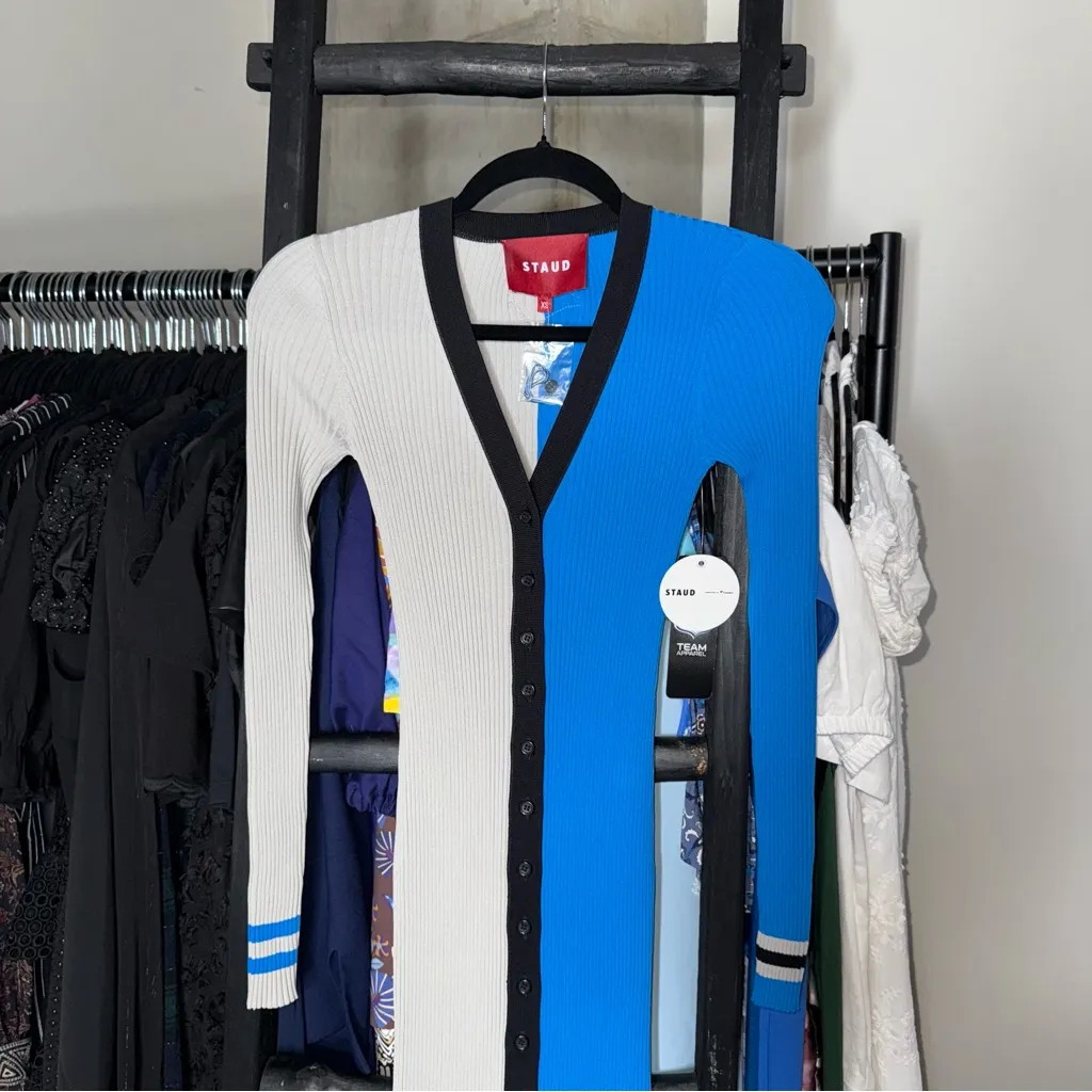 STAUD x Carolina Panthers Shoko Knit Sweater Dress Cardigan Blue Silver Size XS - Image 7