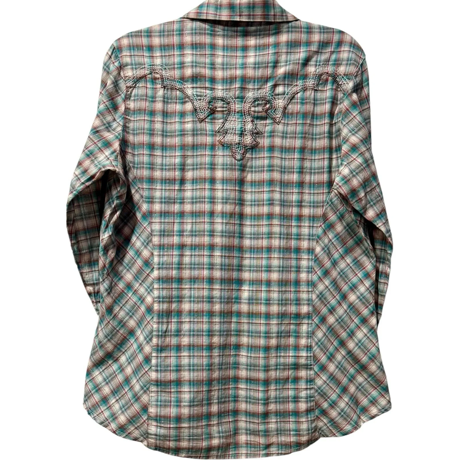 Wrangler Pearl Button Pink / Teal Metallic Thread Plaid Western Rodeo Shirt L - Image 3