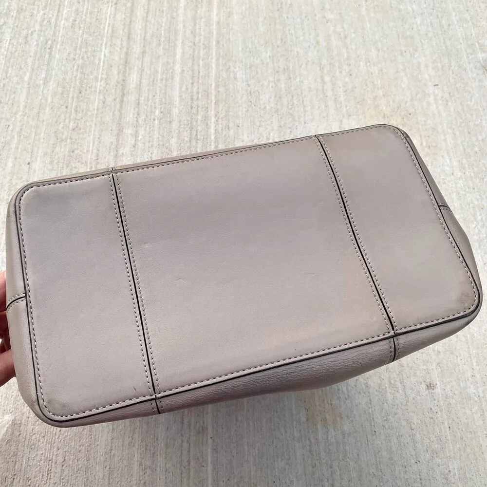 Tory Burch Block T Drawstring 100% Leather Tote Bucket Bag French Gray Handbag - Image 13