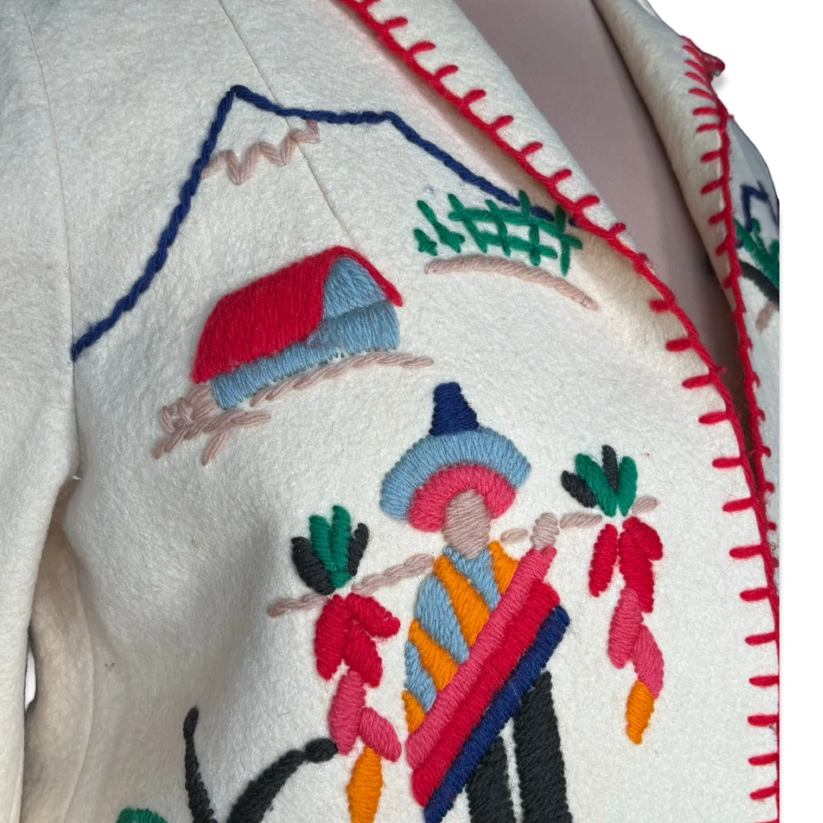 Vintage Hand Embroidered Folk Art Wool Tourist Jacket Mexican Scene Colorful Red Size M - Image 4