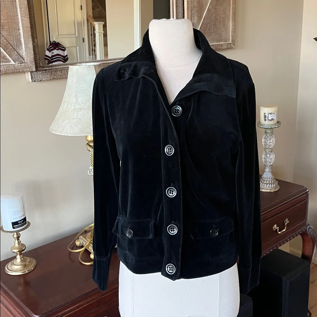 Jones New York Signature Petite Sweater Black Velour Button Down Front Womens PM - Image 2