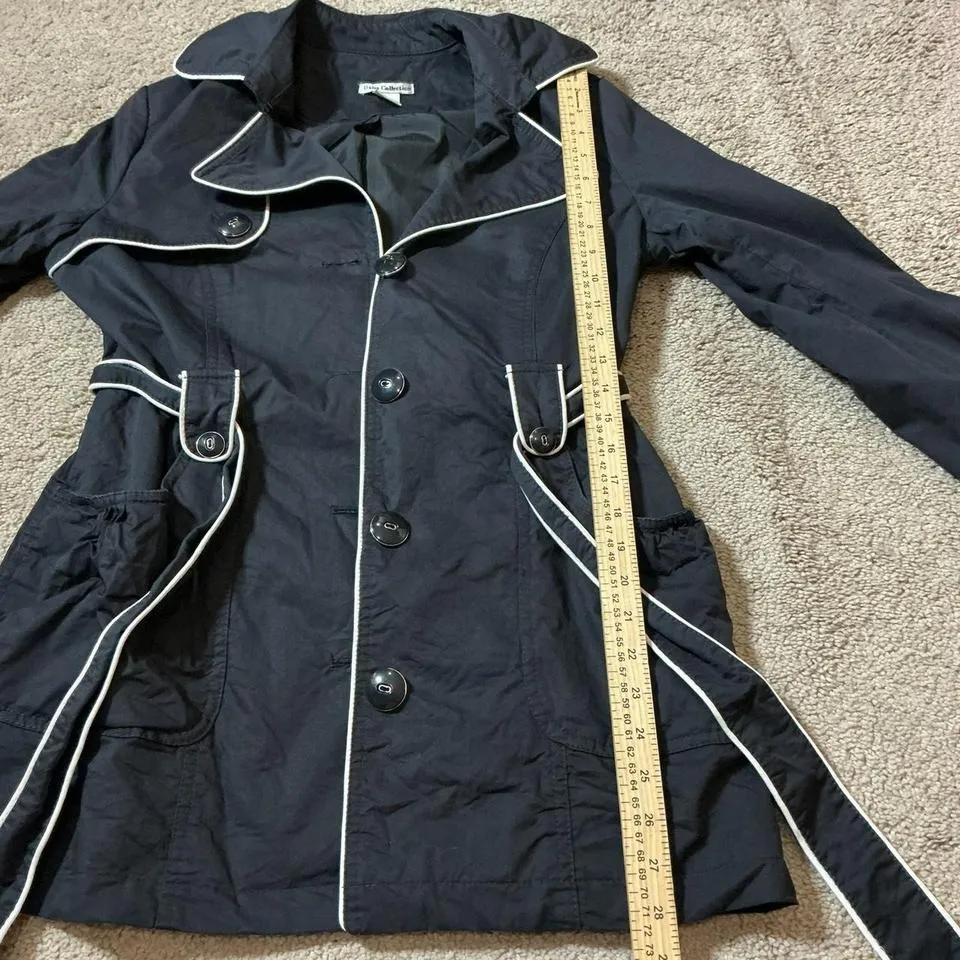 Dalia Collection Womens Black White Piping Trench Coat Belted Button Front - Image 6
