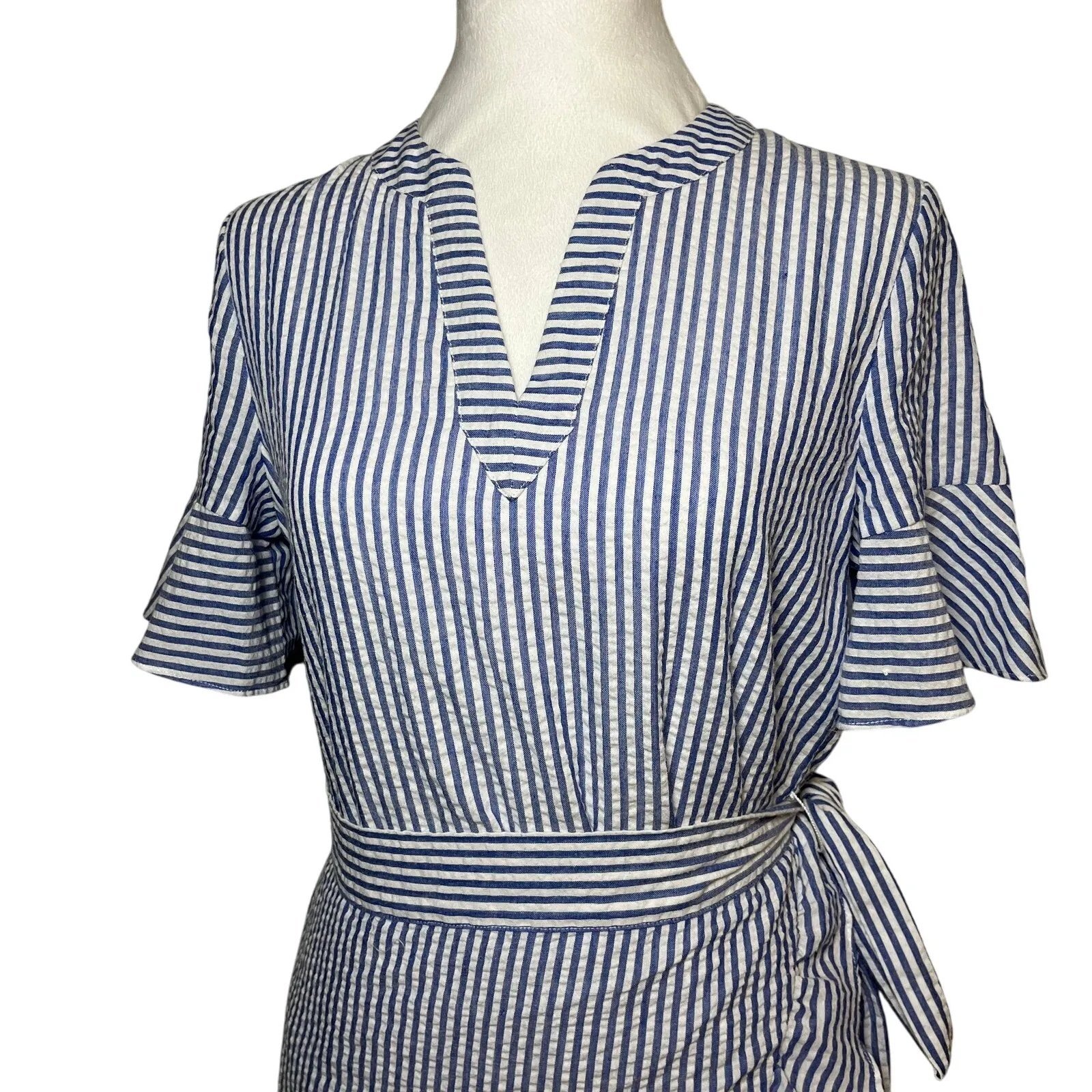 Vineyard Vines Seersucker Wrap Dress Blue White Size 0 V-Neck Ruffle Hem Preppy‎ - Image 5