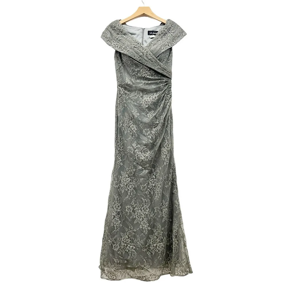 La Femme Off-the-Shoulder Cap Sleeve Ruched Lace Gown in Grey size 6 - Image 7