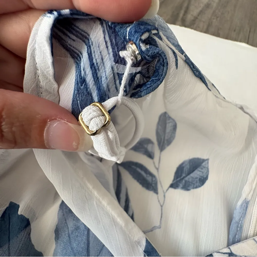 chiffon hi low ruffle dress built in liner white blue floral size 4 - Image 13