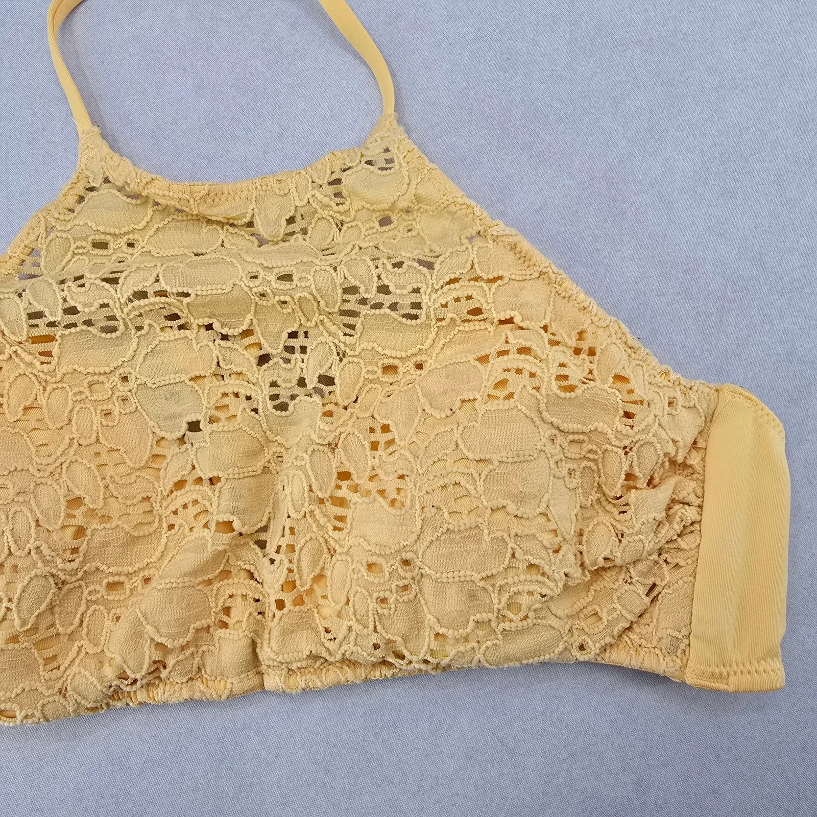 H&M Yellow Lace Crochet Eyelet Halter Tie Padded Bikini Bralette Swim Top 6 - Image 4