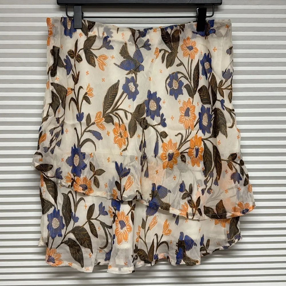 By Anthropologie Cream Floral Print Asymmetrical Tiered Flounce Mini Skirt - Image 5