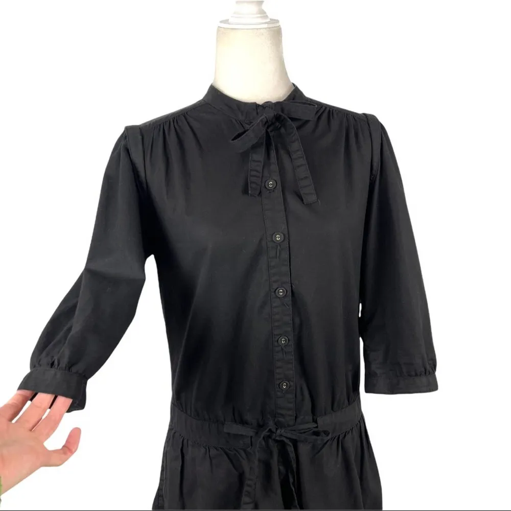 French Connection Black Ruched Belted Button Down Romper 3/4 sleeve Sz 6 Cotton - Image 2