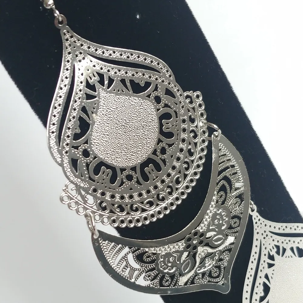 Statement Boho Filagree Silver Tone Earrings - Image 2