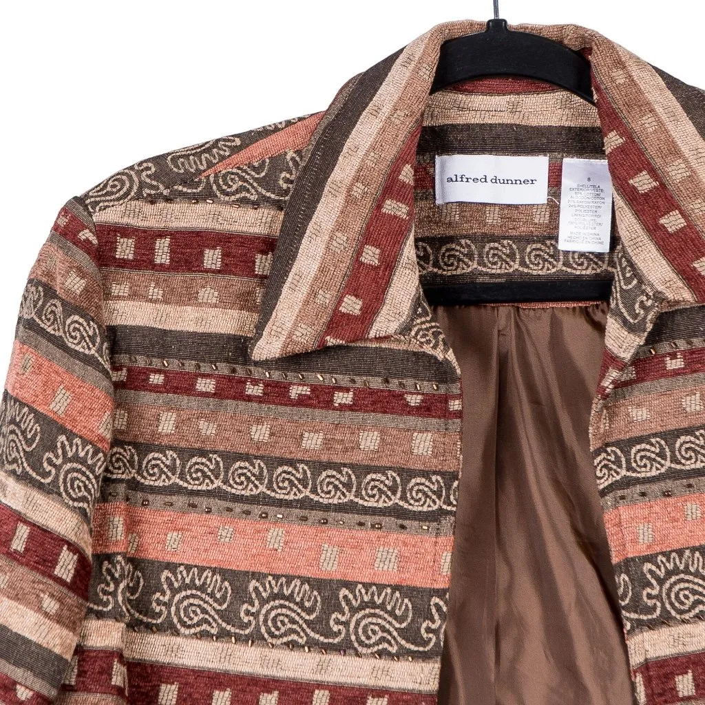 Earthy Striped Jacket 8 Womens Beads Striped Tapestry Open Boho Cotton Tan Red - Image 2