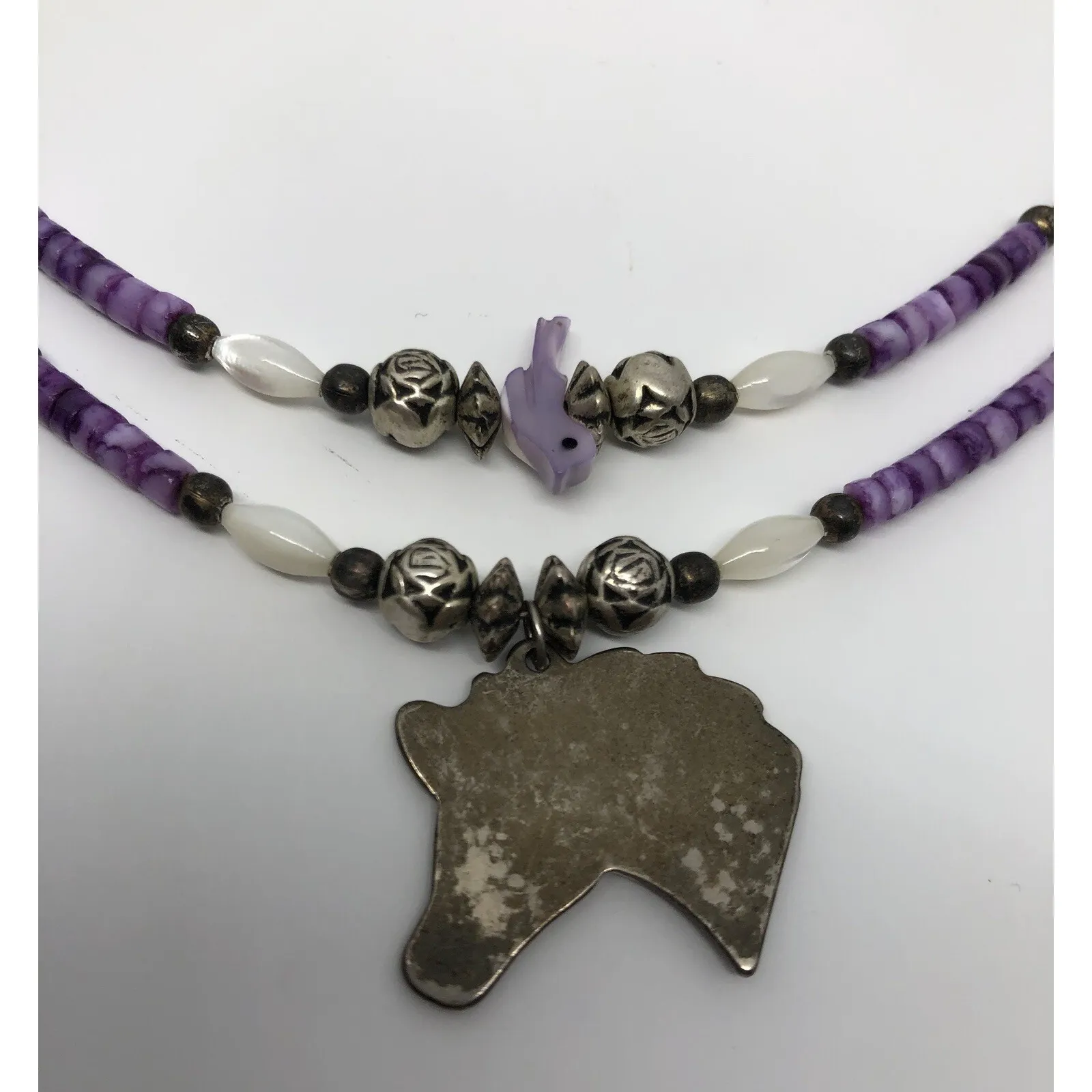 Rare Vtg Silver Horse Necklace Purple Pony Pendant Silver Roses‎ Beaded Bird 16" - Image 4