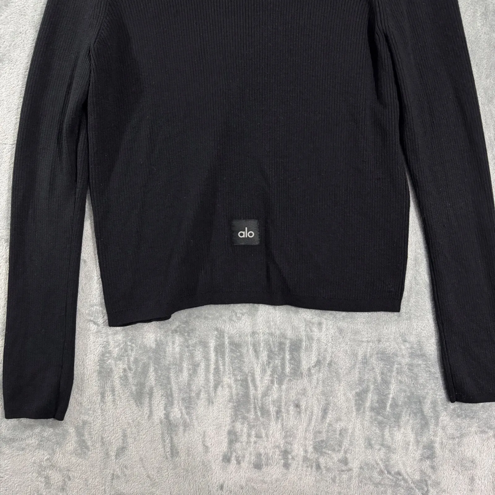 Alo Yoga Knit Salana Cardigan Silver Clasp Black Fine Ribbed Knit Large - Image 9