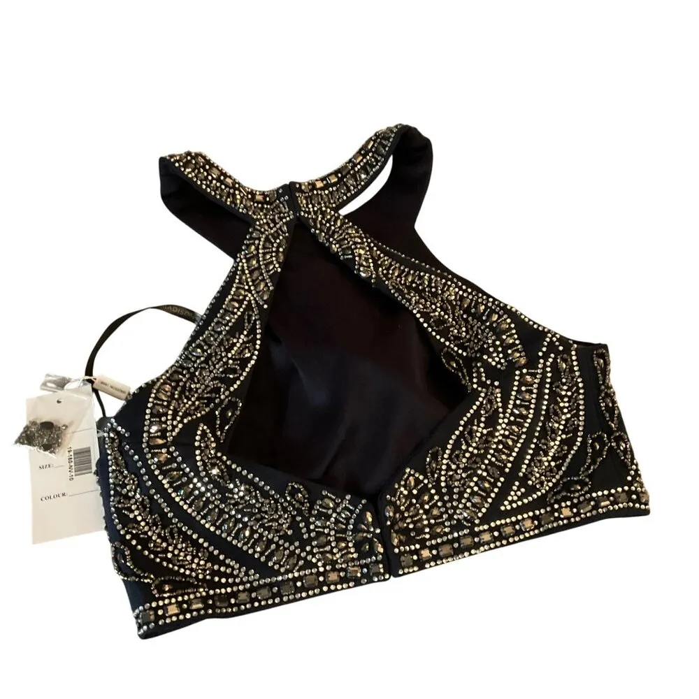 Madison James Navy Beaded Halter Prom Gown With Open Back Size 10 long 2 piece - Image 10