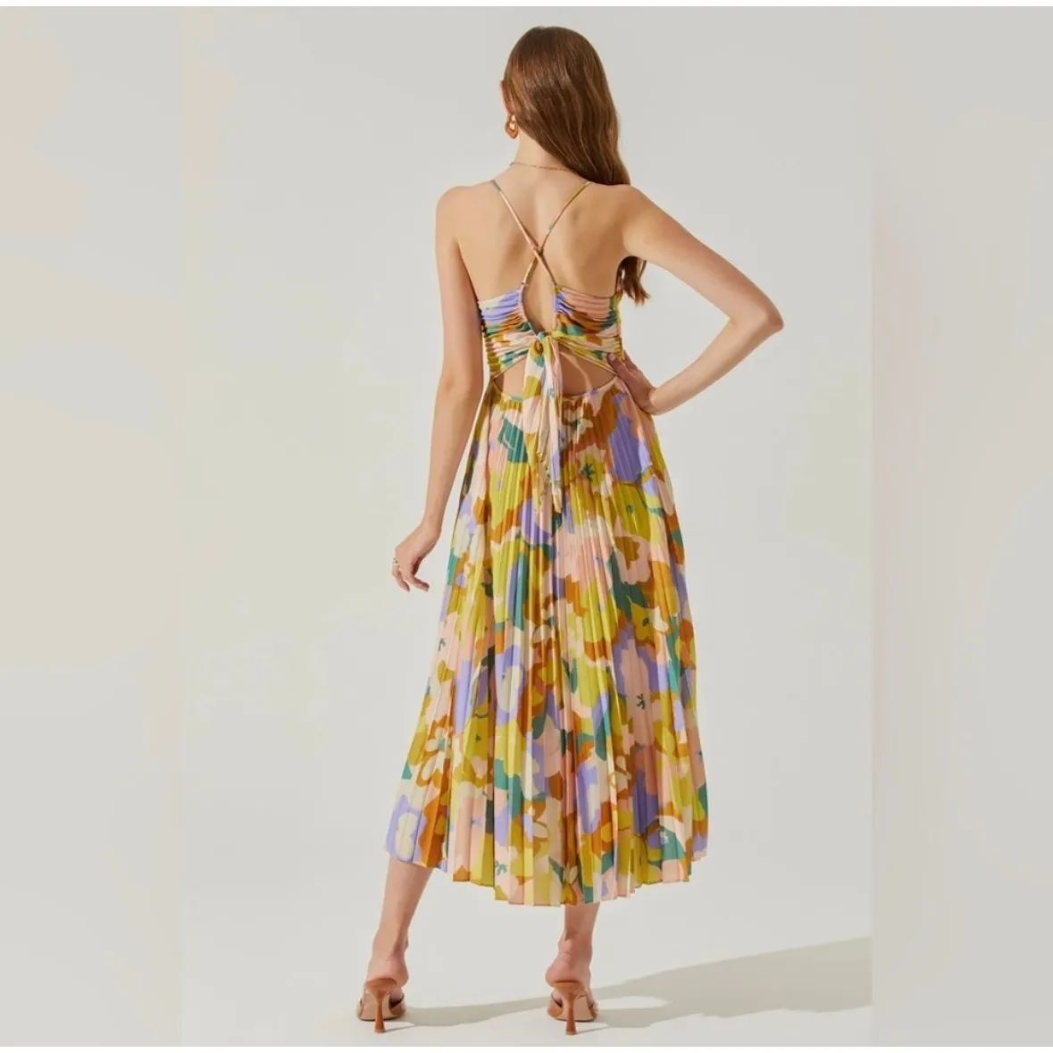 Astr the Label Blythe Plisse Midi Dress Lime Rust Floral Women Size Medium - Image 2