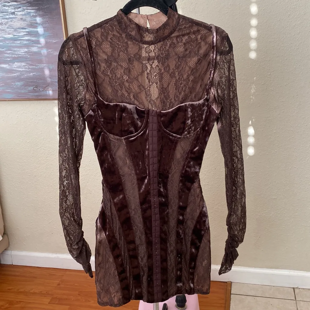 House of CB 'Marica' Brown Velvet &‎ Lace Corset Dress NWOT size XS Tall - Image 5
