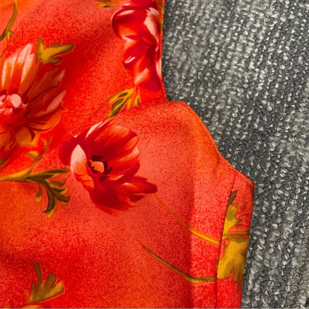 Vtg Y2K Silk Mini Dress Tropical Floral Hawaiian Sz Small Orange Red - Image 12
