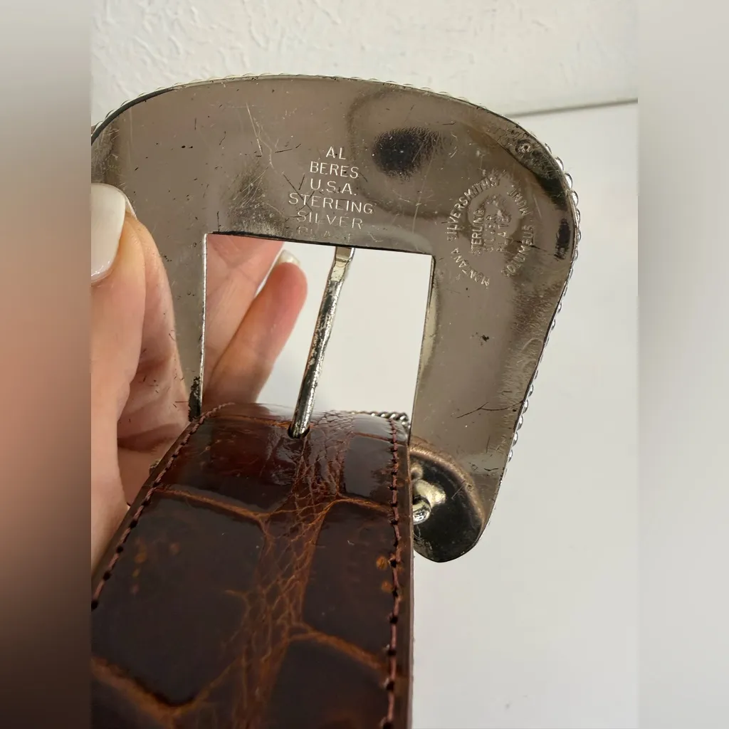 Vintage Al Beres Alligator Leather Belt Silver Plate Buckle Size 34 GUC Brown - Image 8