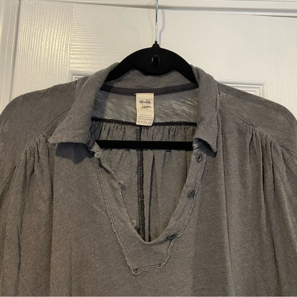 NWOT Free People Size S Gray Rush Hour Peasant Top Raw Hem Linen Long Sleeve - Image 2