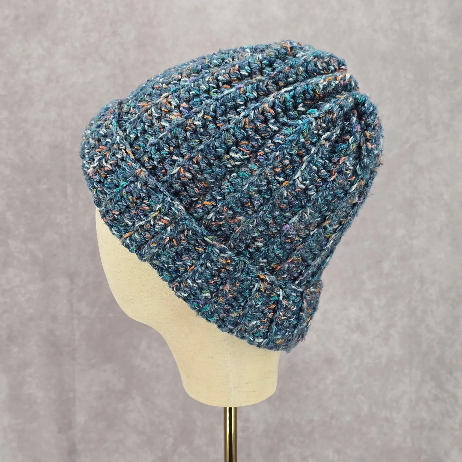 Blue Pink Crochet Knit Bucket Cap Hat Fun Vintage Y2K Funky Beanie - Image 3