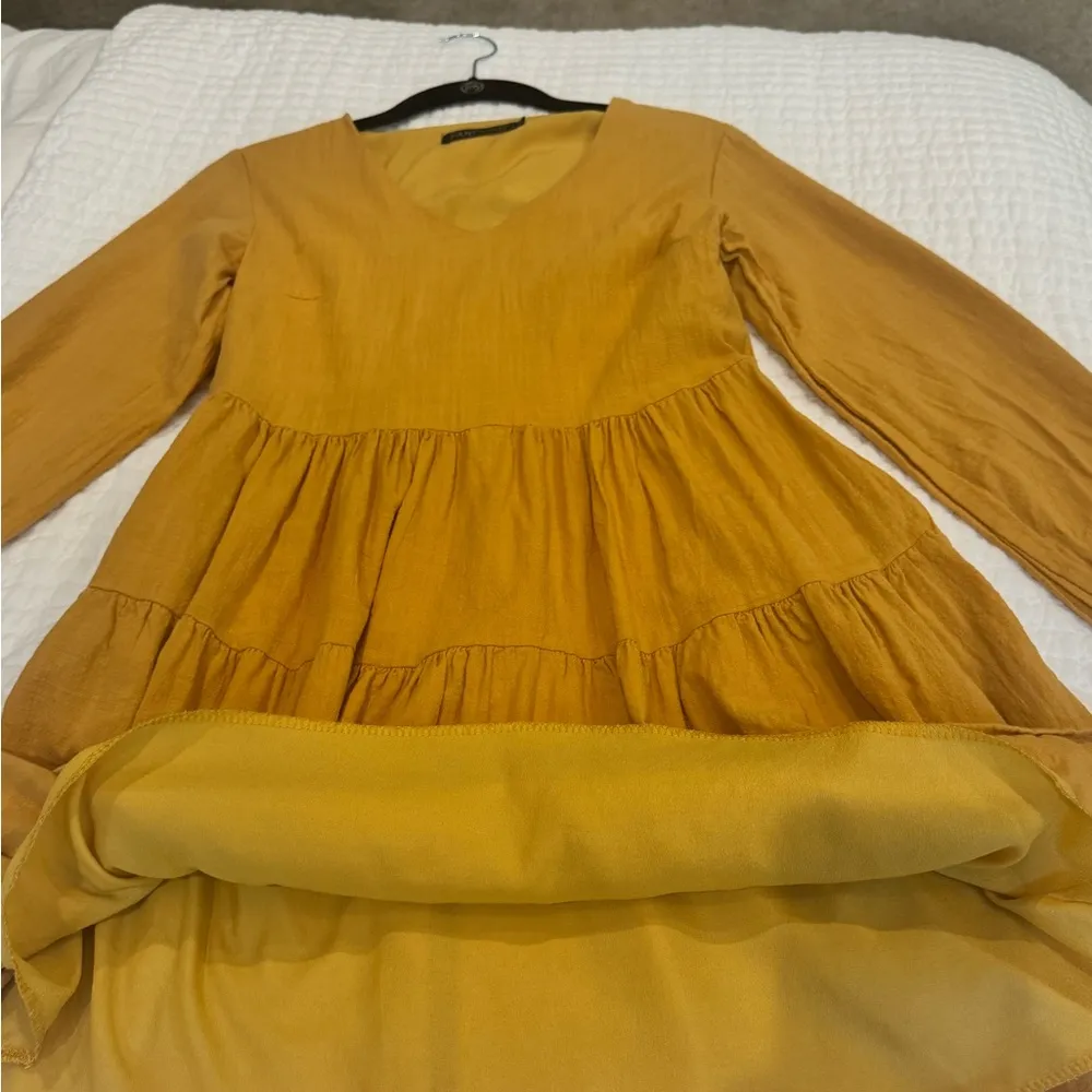 Ruffled Mustard Babydoll Dress Boho Fall Cottagecore Pumpkin Tiered Mini XS - Image 7