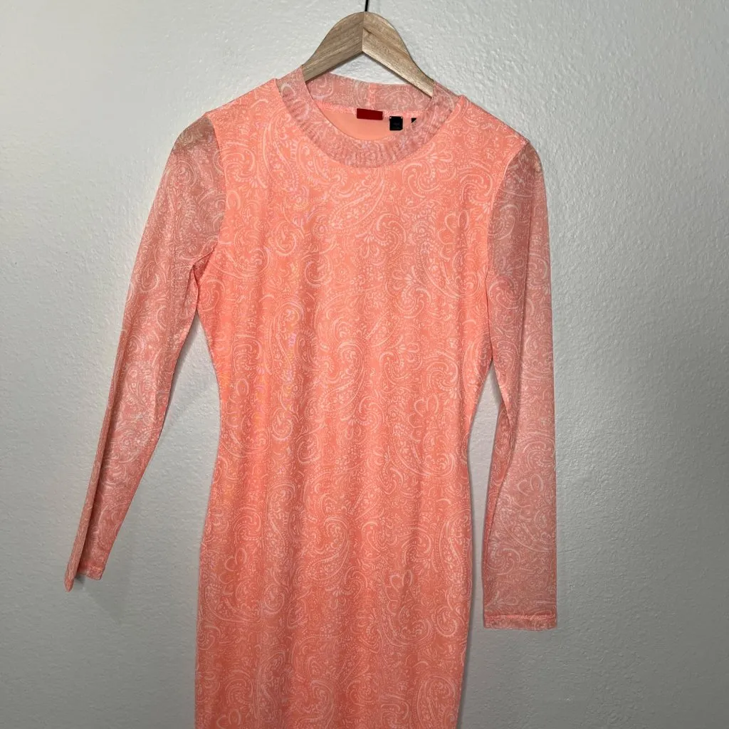 Hugo Boss Womens Nasusi Long Sleeve Orange Stretch Mesh Paisley Midi Dress Large - Image 4