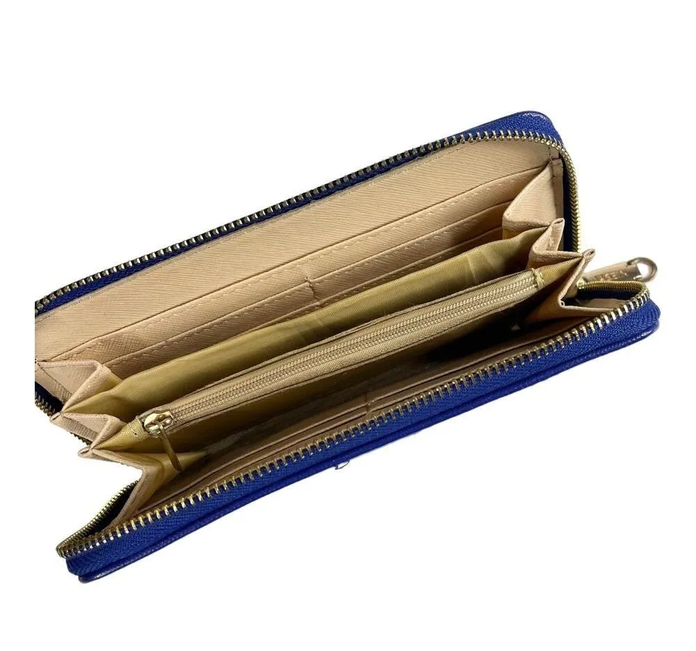 Dasein Zip Around WALLET Blue Gold Emblem Clutch Handbag Purse Faux Leather - Image 5