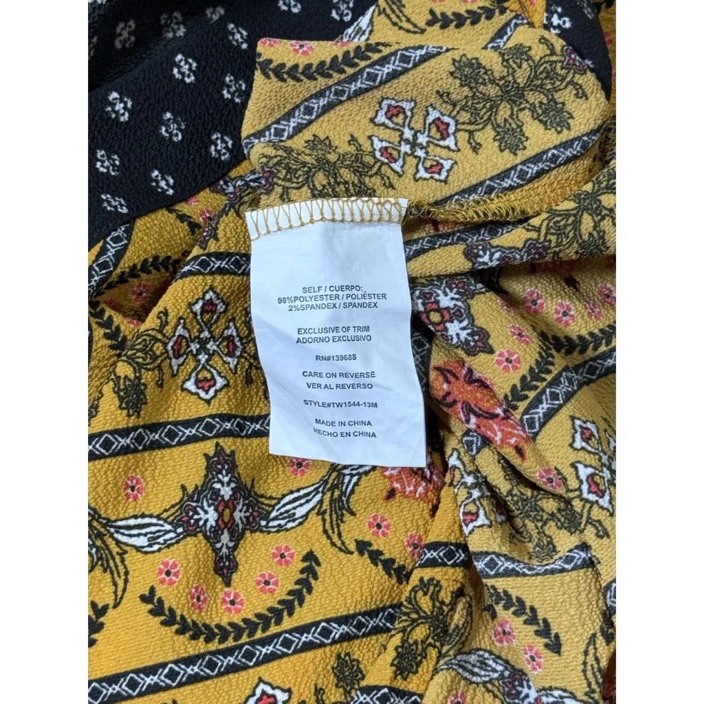 Skylar Jade Womens Blouse Size M Boho Style Yellow Black Floral Print Wrap Size M - Image 8