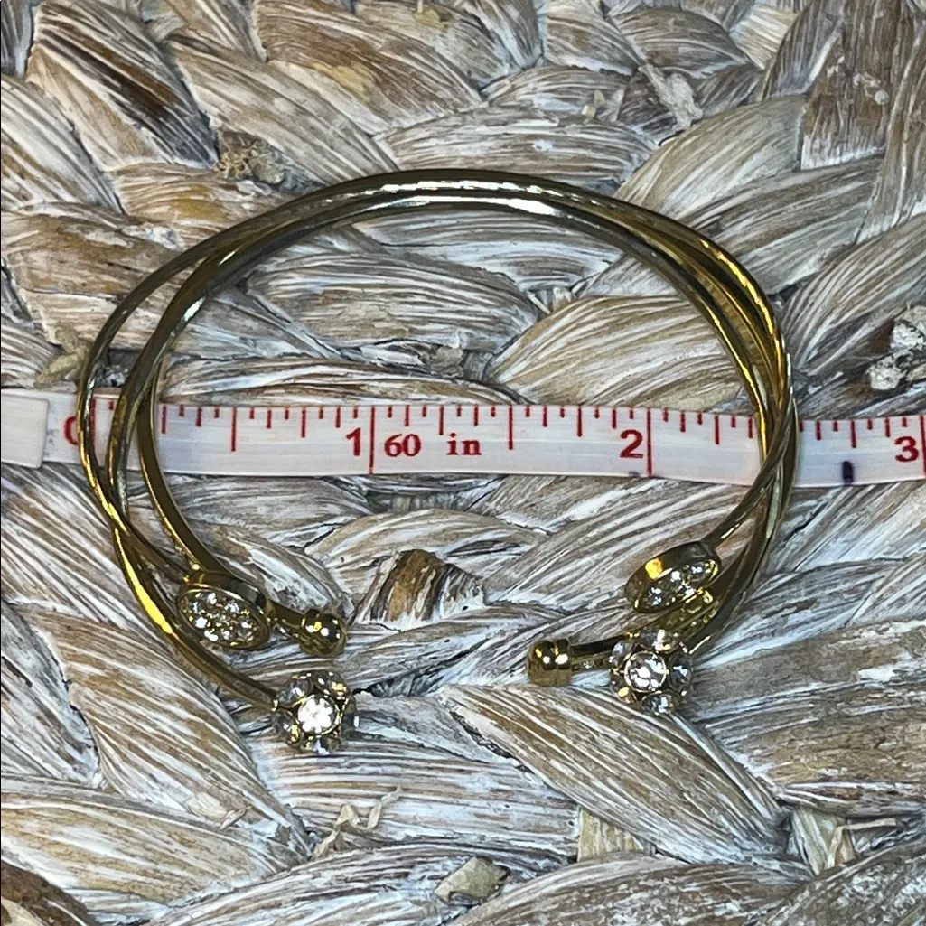 Trio of Gold Tone and Rhinestone Open Cuff Adjustable Bracelet Set - Image 5