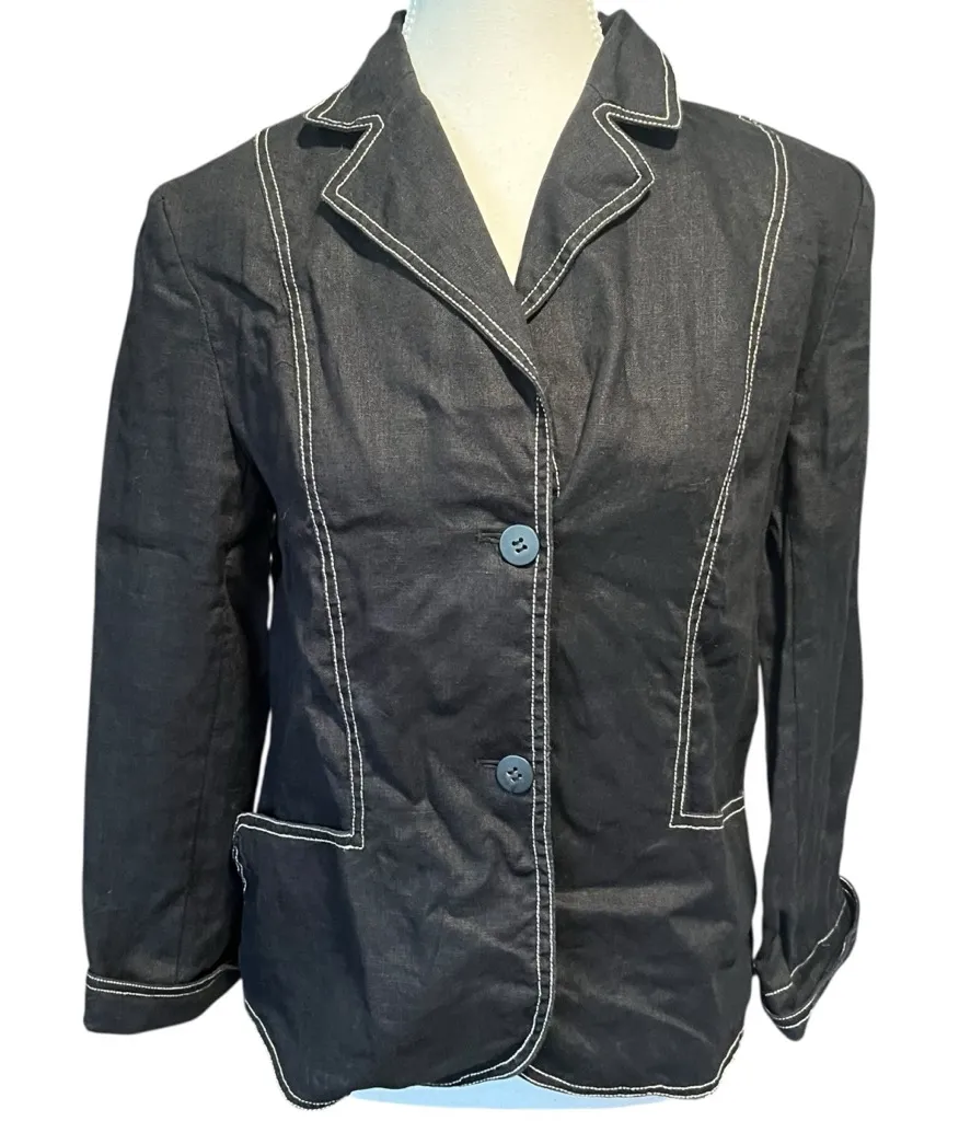 August Silk Women's 6 Black Blazer with White Stitching 100% Linen Summer - Image 1