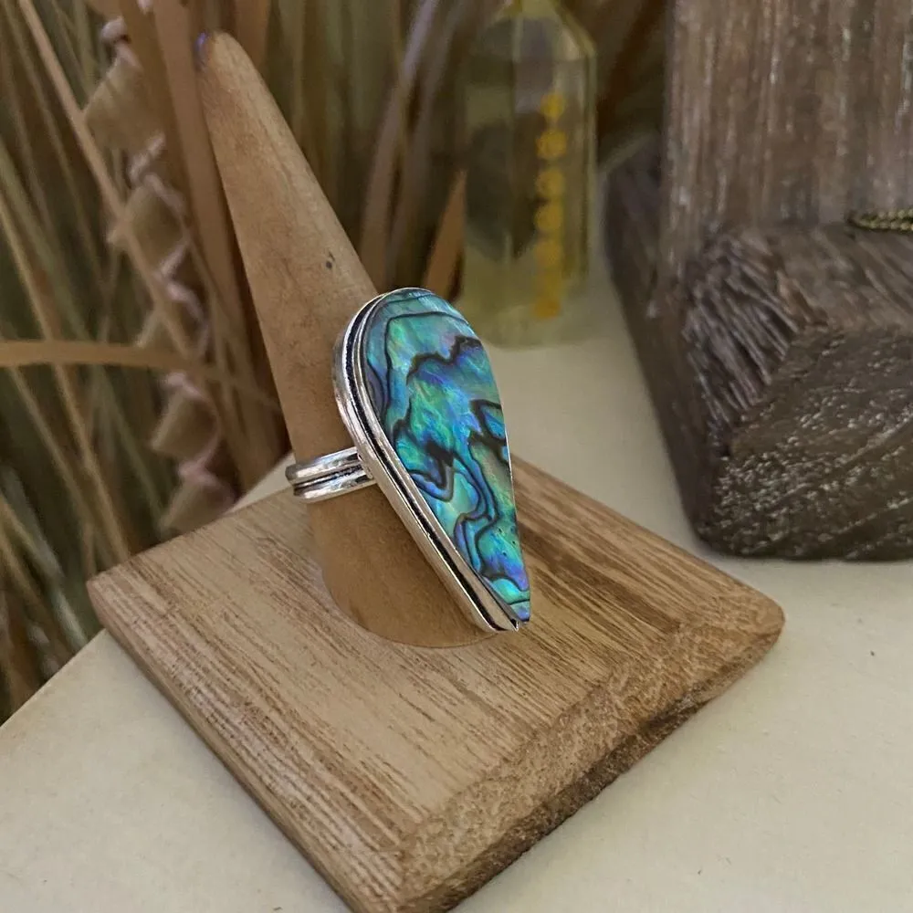 Mermaid Abalone Sterling Silver Large Boho Ring Size 9 Gold - Image 2