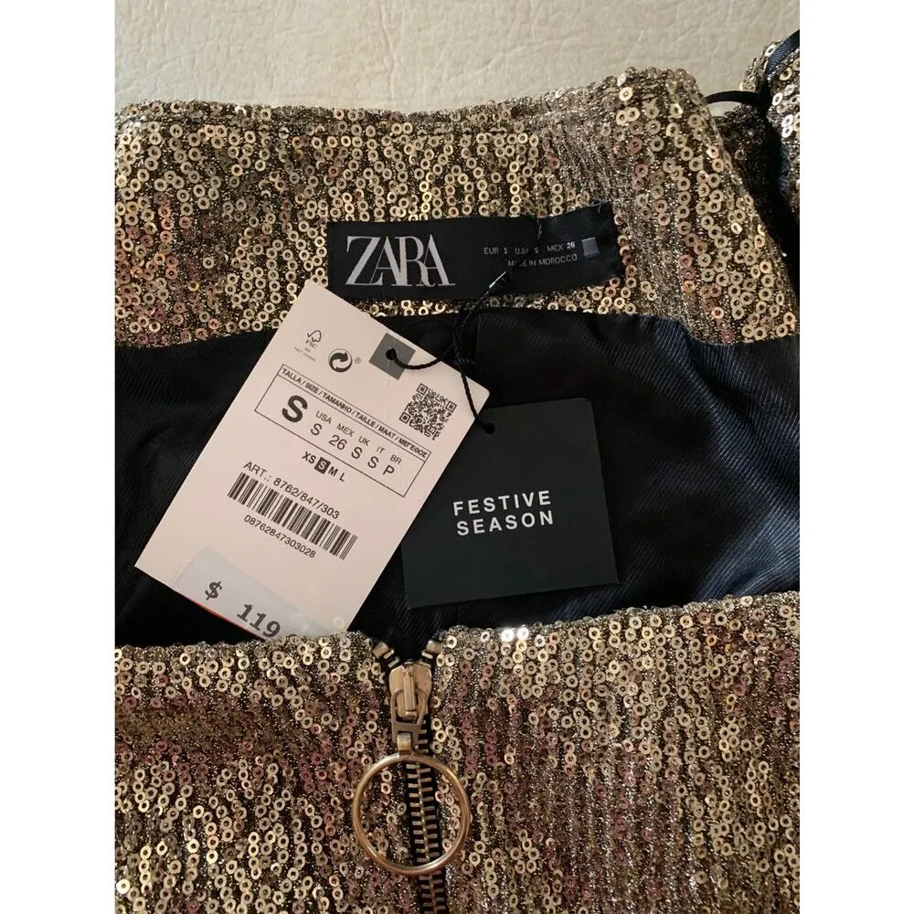 Zara womens small gold sequin mini dress new festive swift puff blogger - Image 3