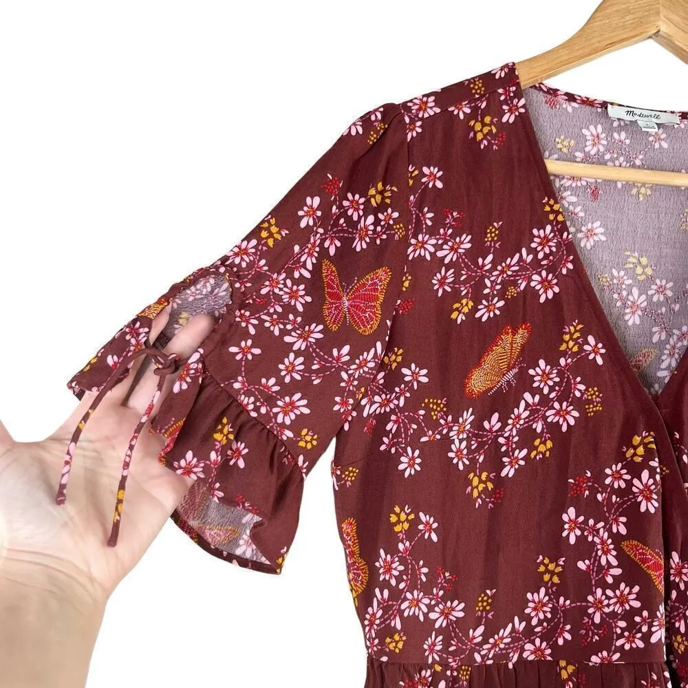 Madewell Tie-Sleeve Wrap‎ Top in Maroon Floral Butterfly Sanctuary Print, Size 2 - Image 7