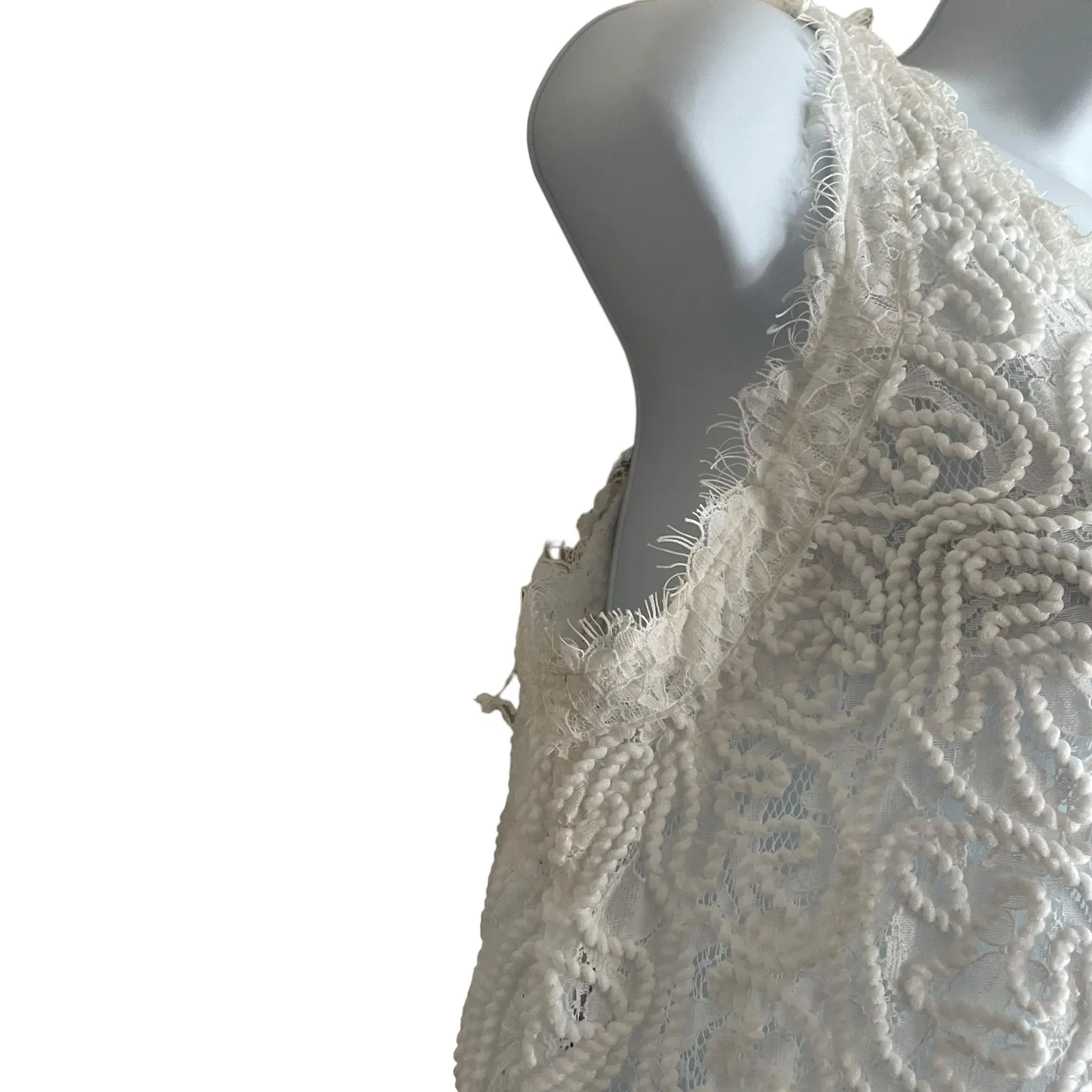 Y2K Sans Souci Women Crop Top L‎ Ivory Crochet Lace Distress Fraying Festival - Image 5