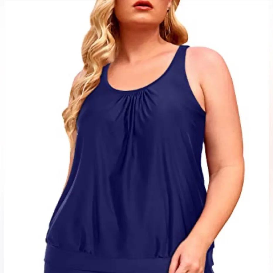 NEW Navy Blue Slimming Blouson Built in Bra Adjustable Tankini Top XL - Image 3