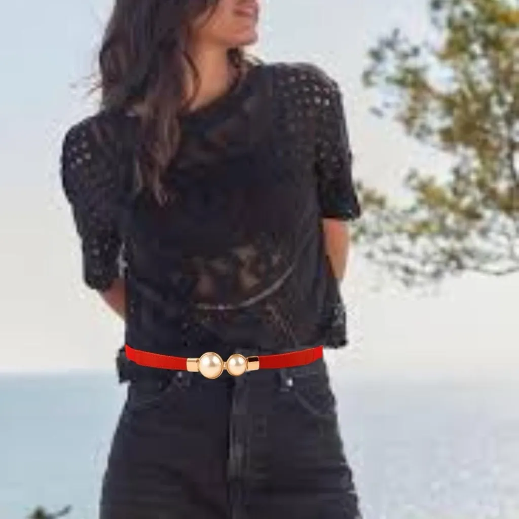 Red & gold pearl belt‎ Imitation Pearl Pair Buckle Thin Belt Monochrome Elastic - Image 4